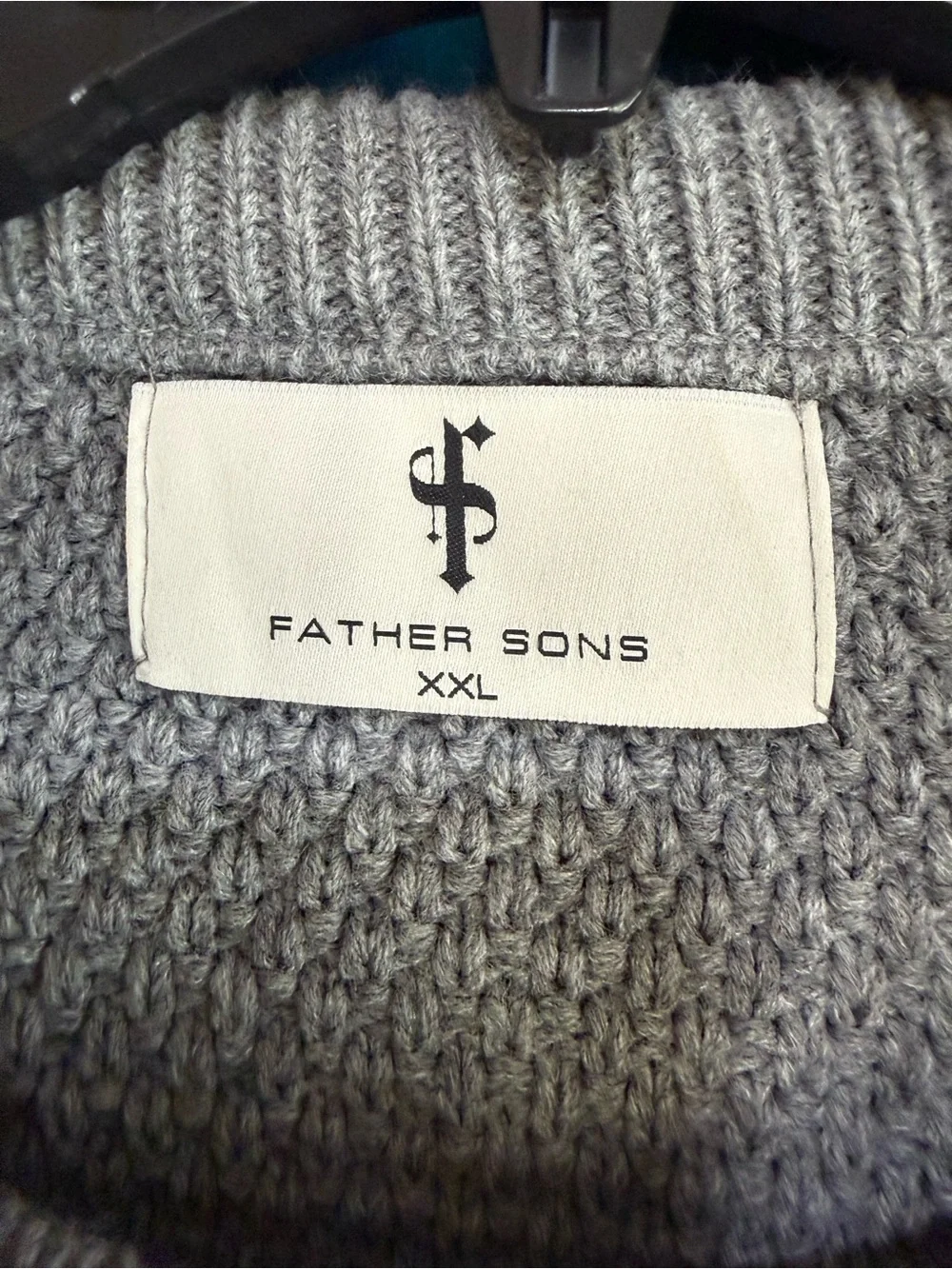 Men’s Grey Cable Knit Sweater with Gold Cross Emblem - Made by Father Sons